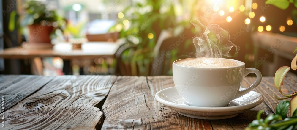 Poster a cozy cafe setting with a steaming cup of cappuccino on a rustic table is captured in the morning c