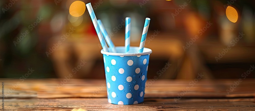 Poster blue polka dot cups with pretty straws for festive drinks displayed on a wooden table with copy spac