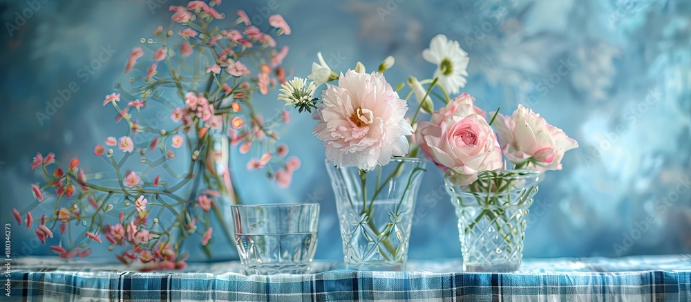 Poster a delightful arrangement of flowers and glasses on a blue plaid background with ample copy space ima