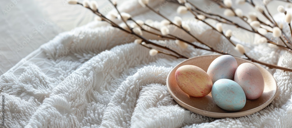 Aufkleber a festive easter arrangement with vibrant eggs displayed in a beige plate on top of a white towel co
