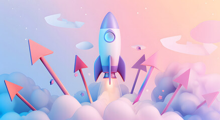 rocket soaring through the sky, surrounded glowing arrows pointing upwards