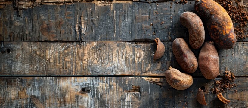 A top down view of a ripe tamarind fruit displayed on a wooden table against a wooden backdrop with space for additional content in the image