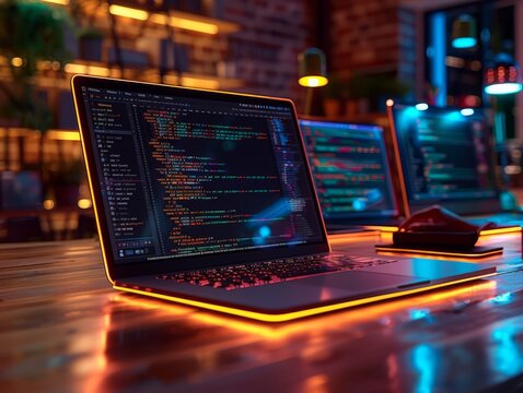 A software developer codes new applications on a sleek laptop in a modern office