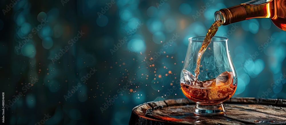 Poster whiskey being poured from a bottle into a glass on a wooden barrel with a blue background in a close