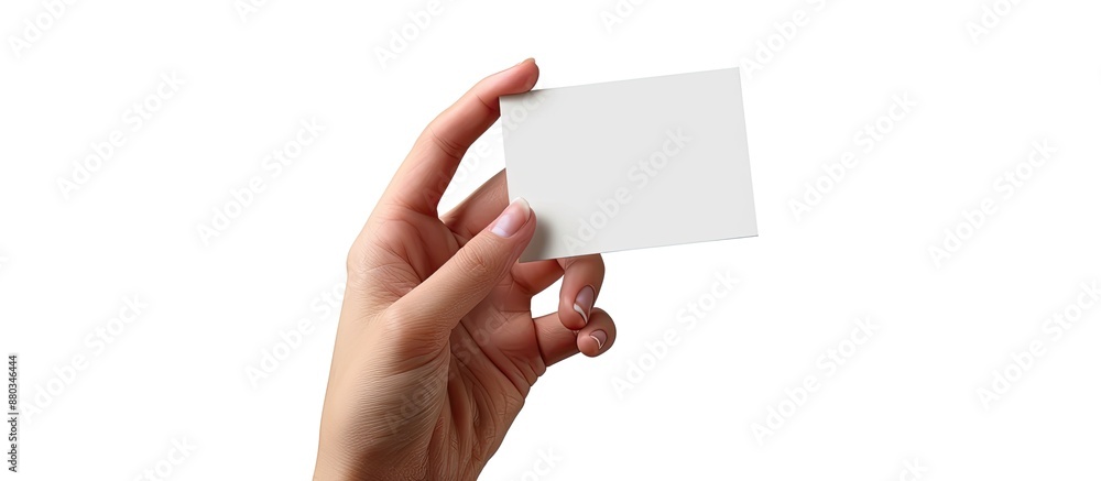 Poster An image showing a hand holding a business card with a white background with ample space for copying