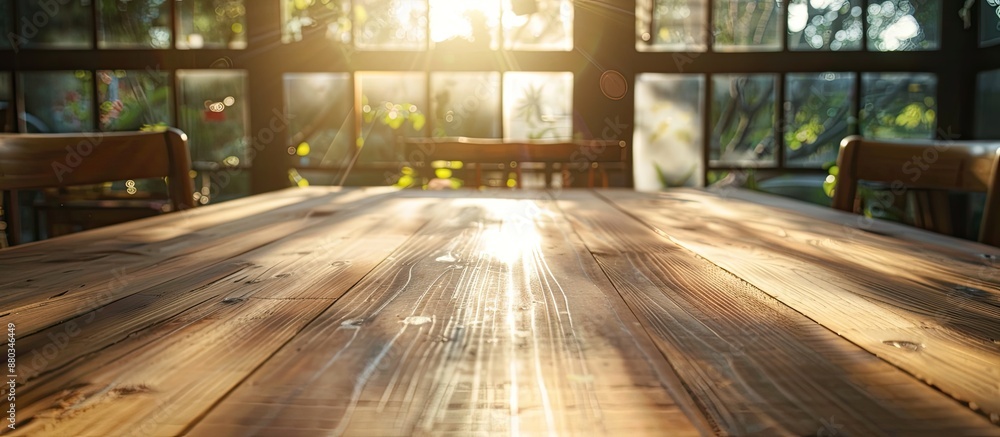 Poster sunlight streaming onto a wooden table creating a warm and inviting ambiance with room for a copy sp