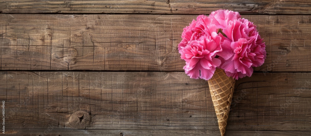Aufkleber Carnation flower in a waffle cone set against a rustic wooden backdrop with empty space for text or design perfect for a copy space image