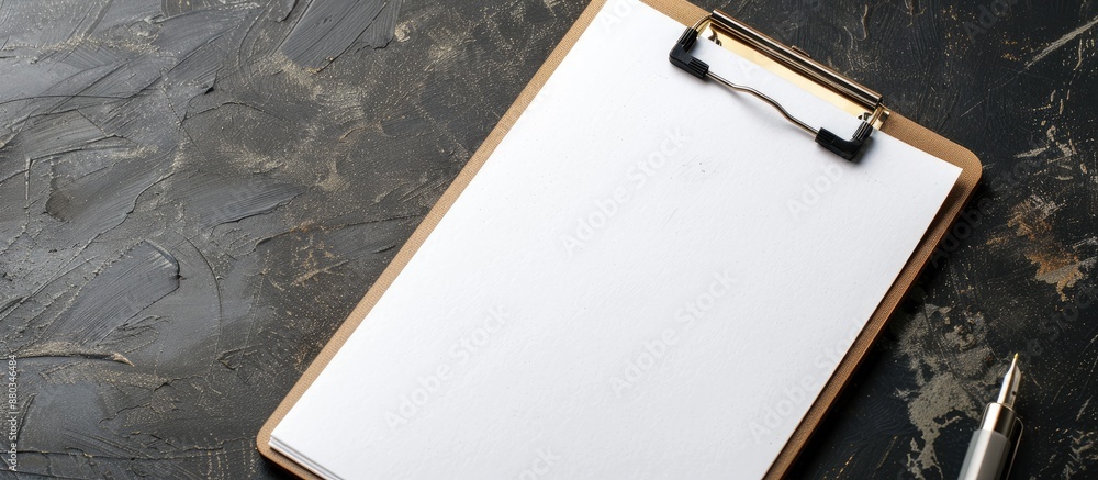 Poster close up of clipboard with blank paper on dark gray background copy space image