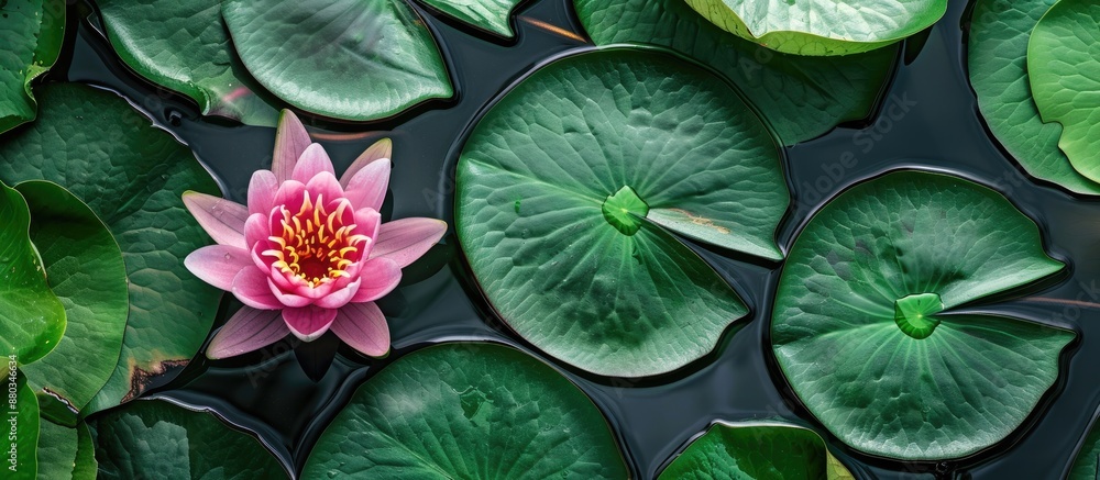 Poster pink water lily flower bud in a pond with vibrant green leaves around symbolic in spa and asian cult