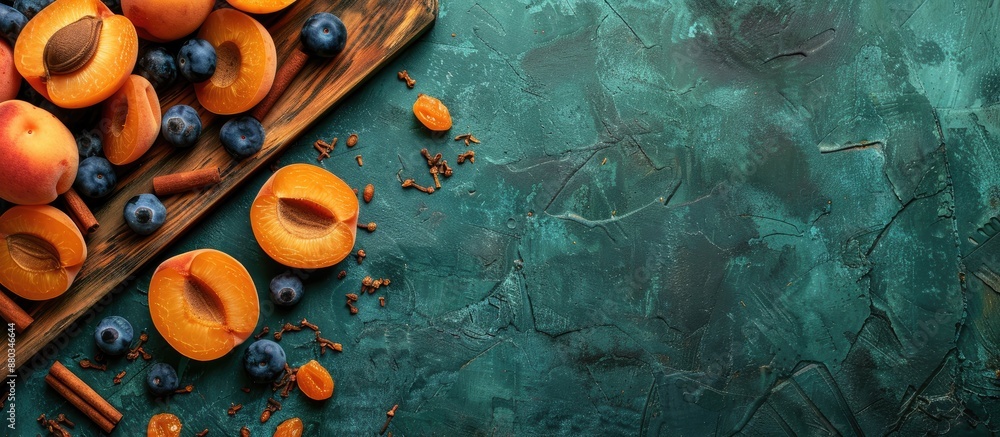 Aufkleber sliced apricots and sloe berries with cinnamon are seen from above on a cutting board with a green b