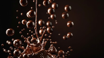 An artistic arrangement of chocolate balls cascading down with a splash, each droplet glistening against a dark, matte black background, highlighting the movement and texture of the chocolates.