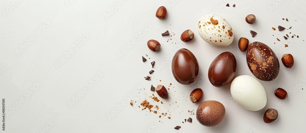 Poster white background with an egg featuring a chocolate surprise hazelnuts and three other eggs providing