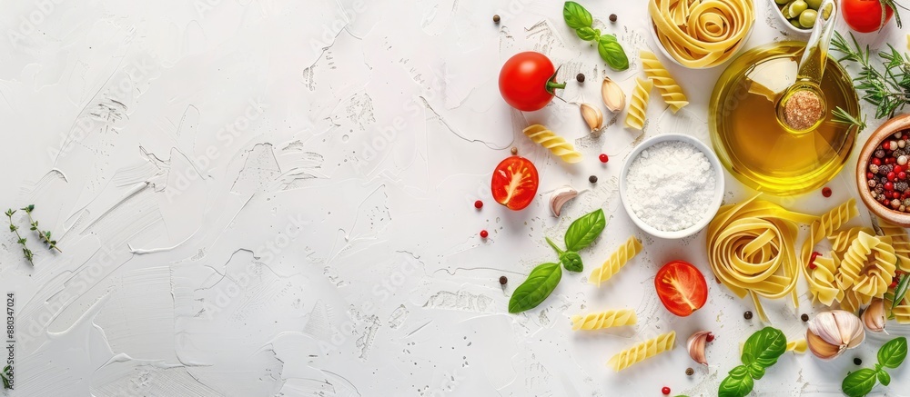 Poster assorted raw italian pasta displayed on a white table with herbs olive oil and tomatoes for cooking 
