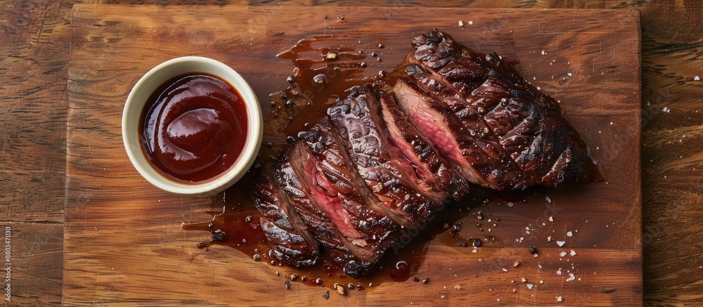 Poster top view of a dry aged wagyu tri tip steak with bbq sauce for dipping showcased on a wooden cutting 