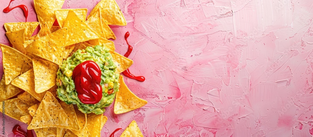 Poster top down view of a pile of corn tortilla chips with guacamole french mustard and ketchup on a pink s