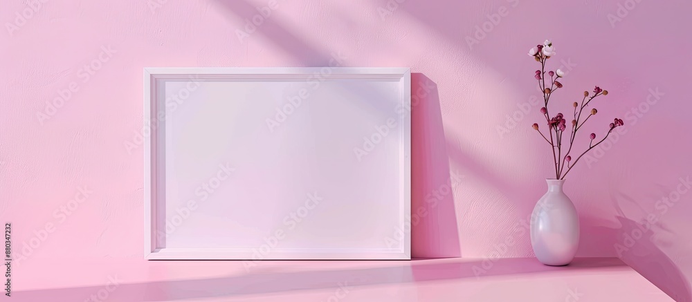Poster minimalistic flat lay background with pastel pink paper texture and an empty picture frame mockup pr