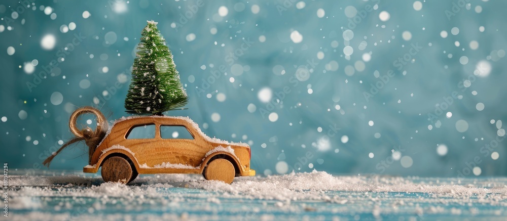 Poster A wooden toy car with a Christmas tree atop it is set against a blue background with falling snow creating a festive Christmas themed image with available copy space