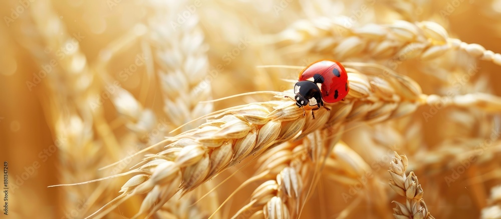 Poster a ladybug perches on a wheat stalk amidst ripened cereal crops in the field leaving room for copy sp