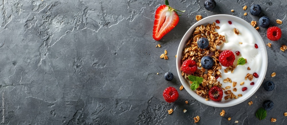 Poster Top view of a healthy breakfast consisting of granola with berries and yogurt on a grey stone background with copy space image available