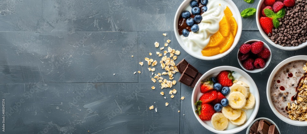 Poster healthy breakfast concept with a frame of oatmeal bowls topped with chocolate fruit and yogurt set a