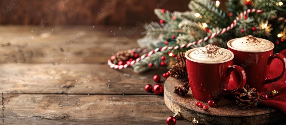 Poster background for christmas with cups of hot chocolate in a copy space image