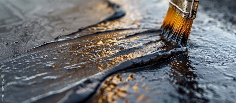 Aufkleber Close up shot of a paint brush applying bitumen mastic on a surface for waterproofing with ample copy space for an image