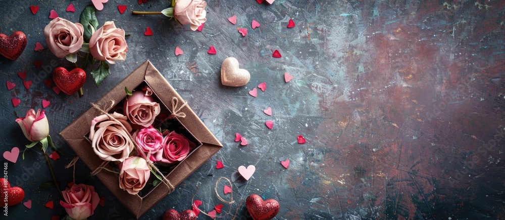 Poster valentine s day background with a gift box filled with flowers and adorned with heart decorations pe