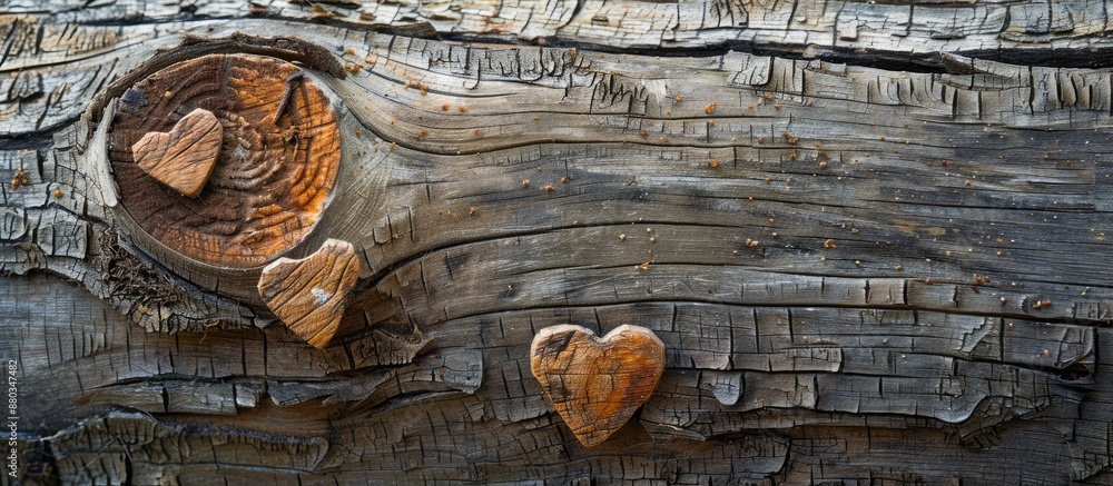 Poster winter love depicted on a wooden backdrop with heart shapes cut out of tree bark creating a cozy and