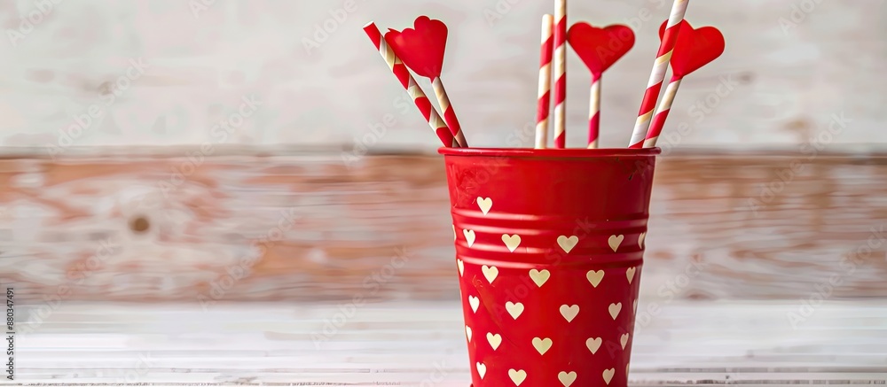 Poster Heart patterned paper straw for Valentine s Day in a red bucket on a white backdrop with space for text or image. with copy space image. Place for adding text or design