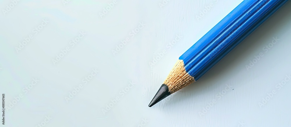 Poster A blue pencil with an eraser set against a white backdrop captured in a close up shot with room for adding text in the image. with copy space image. Place for adding text or design