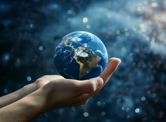 Hand in front of a backdrop of planet Earth in space, concept of environmental protection and water conservation. 