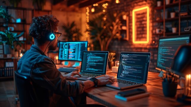 A software developer writing code on a laptop