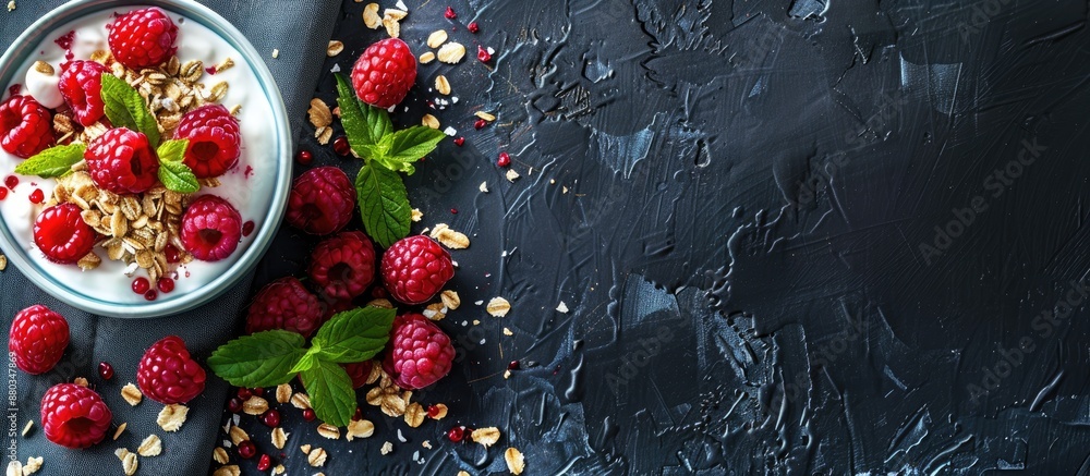 Poster a nutritious vegan breakfast with yogurt muesli and raspberries on a dark backdrop featuring copy sp