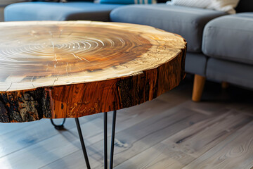 round coffee table made of live edge wood with metal legs