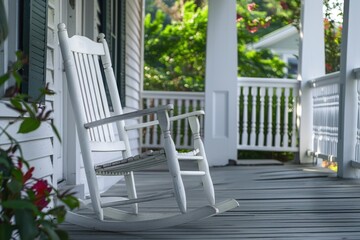 A classic white rocking chair sits atop a wooden porch, perfect for relaxing or enjoying the outdoors
