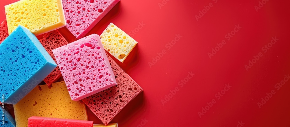 Aufkleber colorful sponges on a red backdrop with a copy space image for a cleanup day featuring a sponge clea