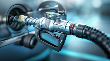 Close-up View of Fuel Nozzle Inserted into Car Gas Tank - Clean Metallic Surfaces and Fuel Flow Detail