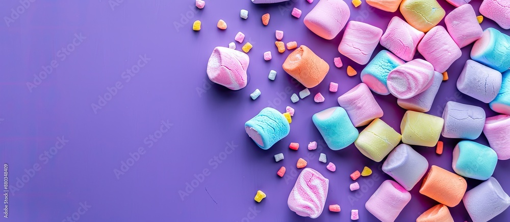 Poster a colorful marshmallow arrangement on a purple backdrop for a tabletop mockup featuring ample copy s