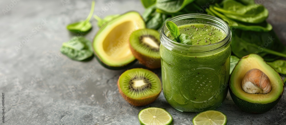 Aufkleber detox green smoothie in a glass jar made with spinach kiwi lime and avocado on a light stone backdro