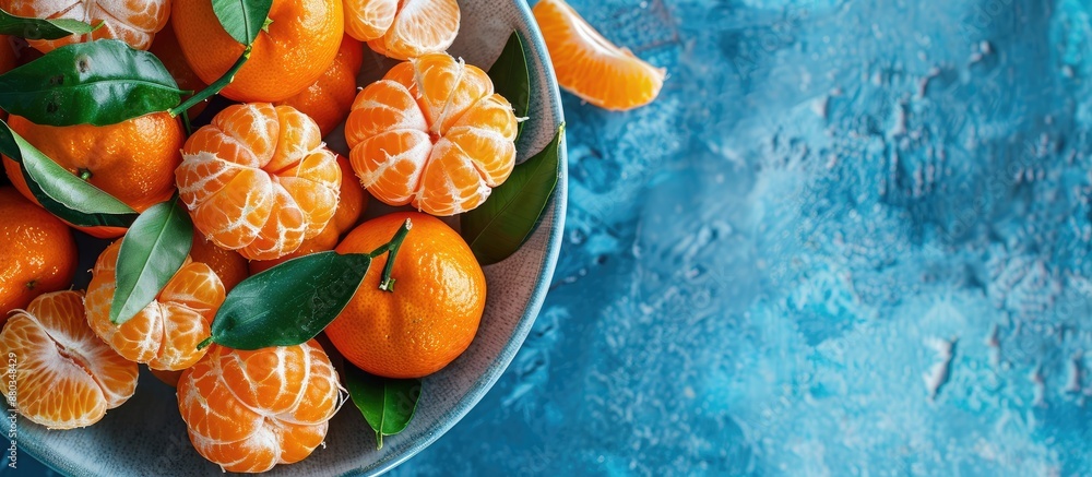 Fototapete Square picture featuring a close up of fresh organic mandarin oranges tangerines and clementines with leaves in a light dish on a blue background Top view with selective focus and copy space image