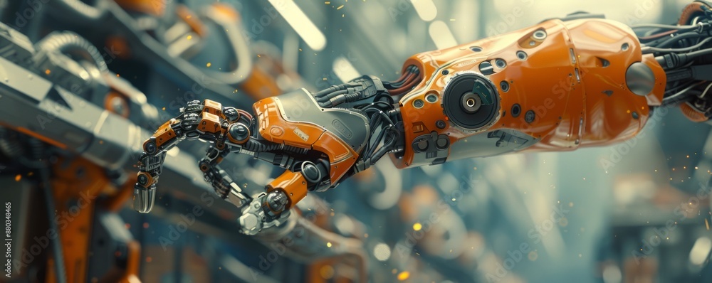 Poster a robot arm assembling a complex piece of machinery, its movements precise and efficient.