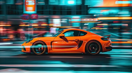 Side view of orange sport car while drive fast on road with background motion blur