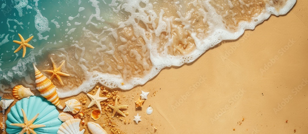 Poster Aerial shot of a sandy beach showcasing summer items with ample space for text or images Ideal for promotional use