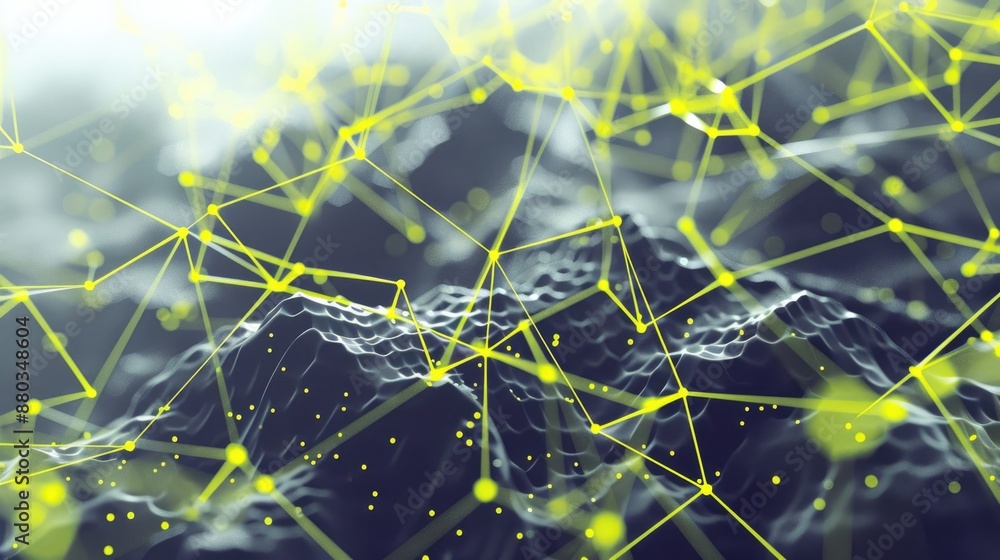 Poster abstract representation of a network with glowing yellow dots and lines, symbolizing technology and 