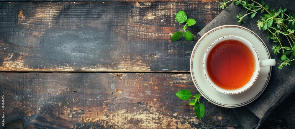 Aufkleber Top view of herbal tea displayed with a cup on a wooden table featuring a chalkboard for adding text or images in the copy space image