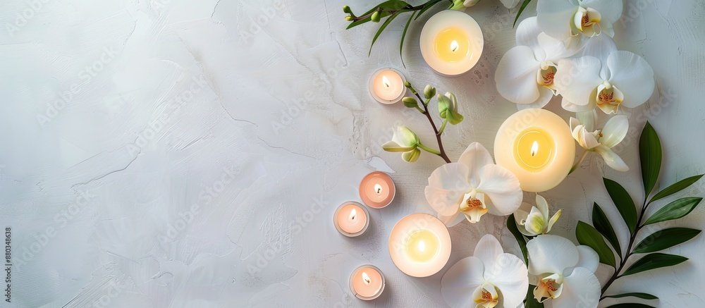 Aufkleber Create a soothing spa ambiance for a massage with candles orchids and a white backdrop in this top down view frame with copy space image