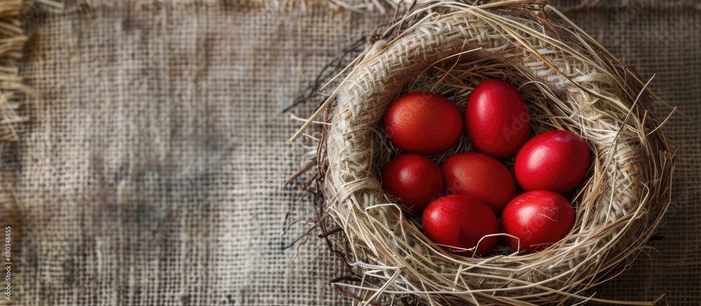 Aufkleber straw nest with red eggs ideal for copy space image
