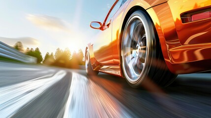 Side view of orange sport car while drive fast on road with background motion blur