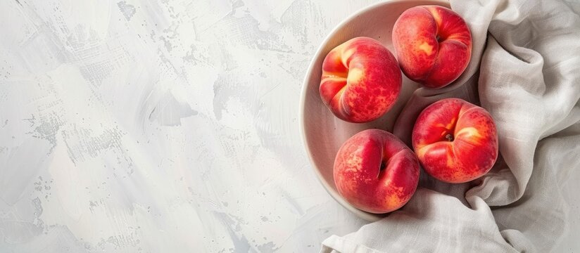Ripe organic peaches on a white table with vintage napkin Depicts fresh harvest Clean eating idea Top view close up with copy space image