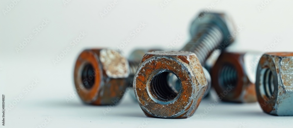 Poster close up image of nuts and bolts on a white background with copy space image